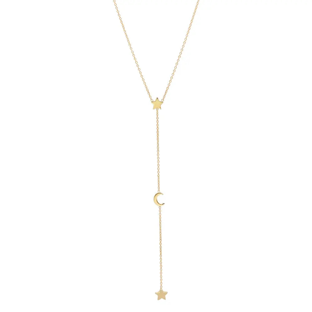 Lucky Moon & Star Gold Lariat Necklace