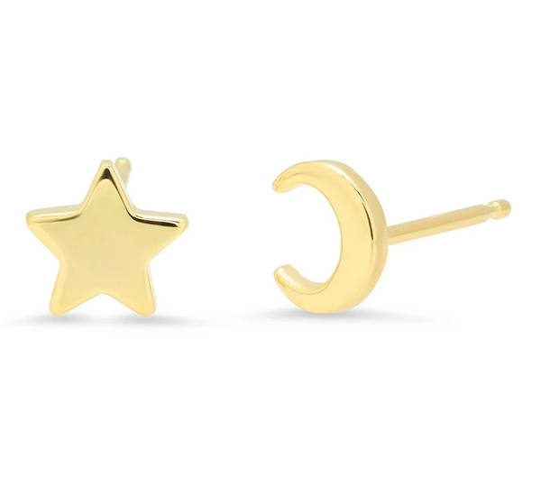 Moon & Star Gold Stud Earrings